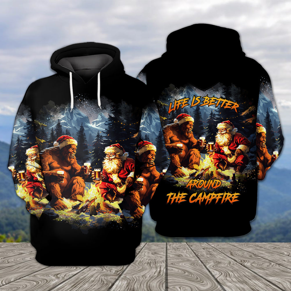 Funny Bigfoot & Santa Life Is Better Around The Campfire All Over Print Shirt