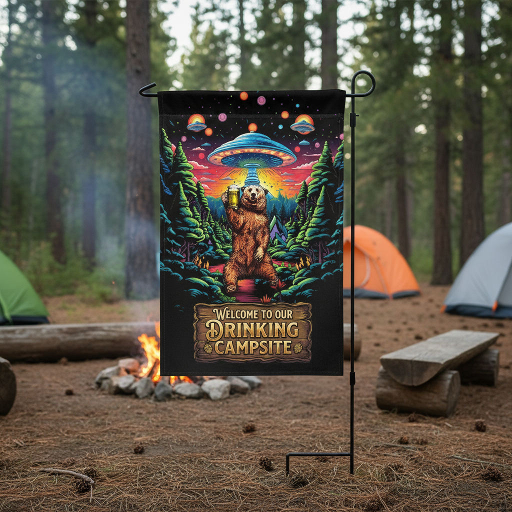 Welcome To Our Drinking Campsite Bear Flag Decor