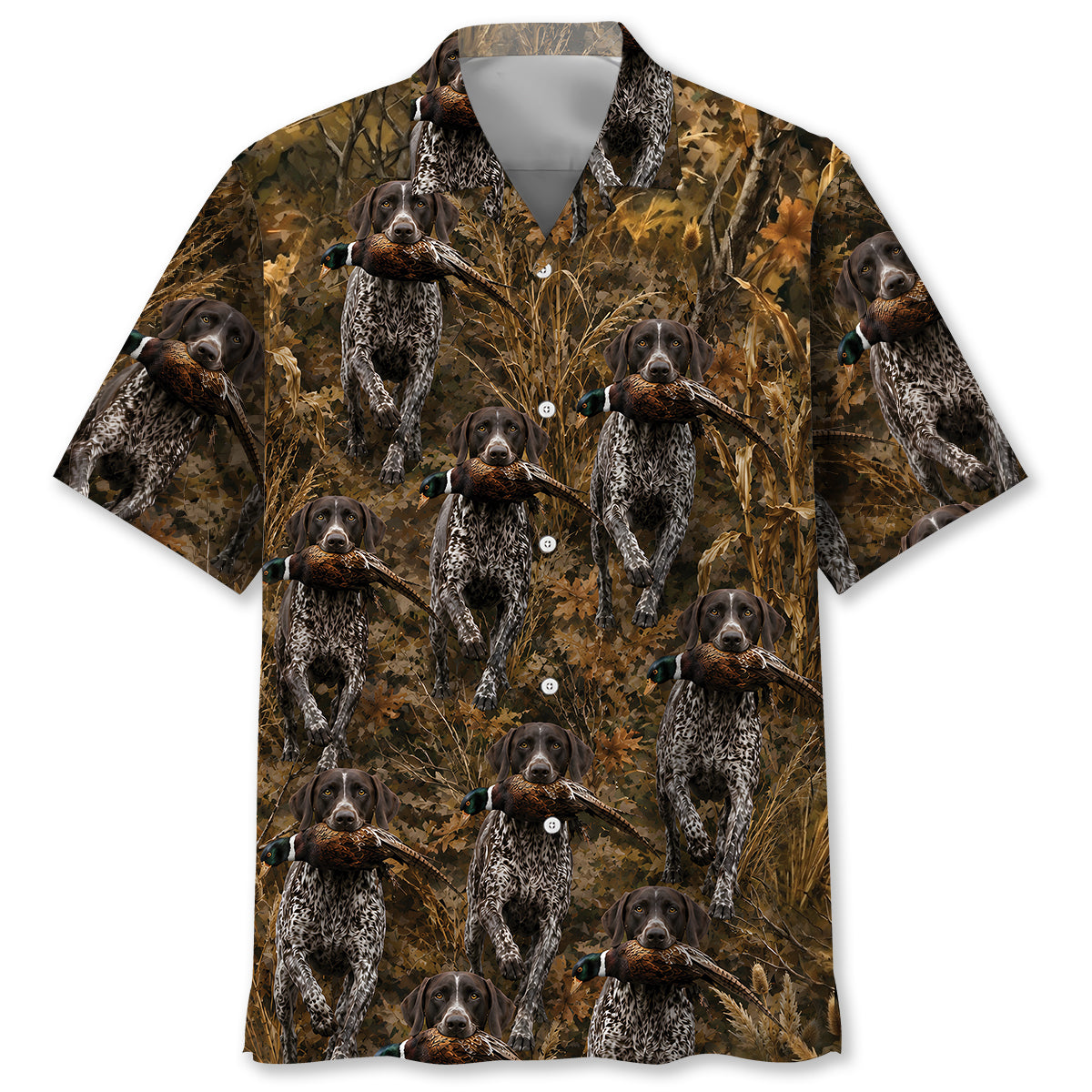 Camouflage German Shorthaired Pointer Running With Pheasant Hunting Hawaiian Shirt