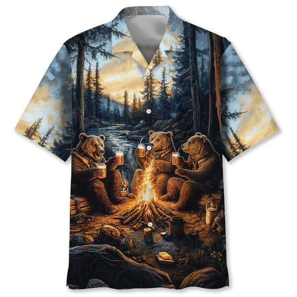 Bear Camping Drinking Night Hawaiian Shirt