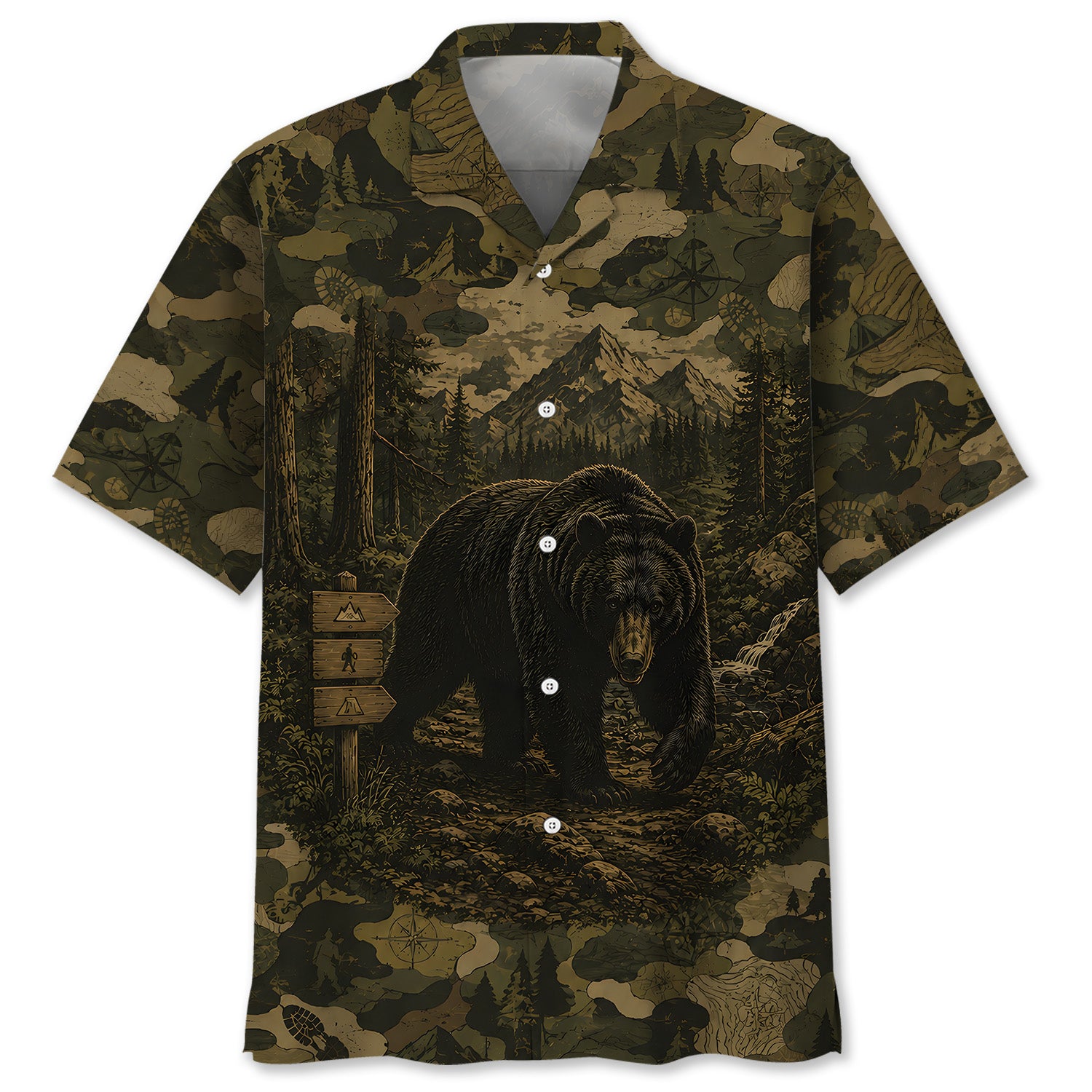 Black Bear Forest Camouflage Dark Hawaiian Shirt