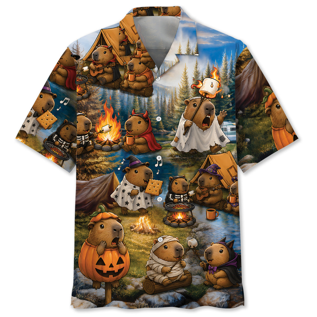 Vintage Capybara Camping Hawaiian Shirt