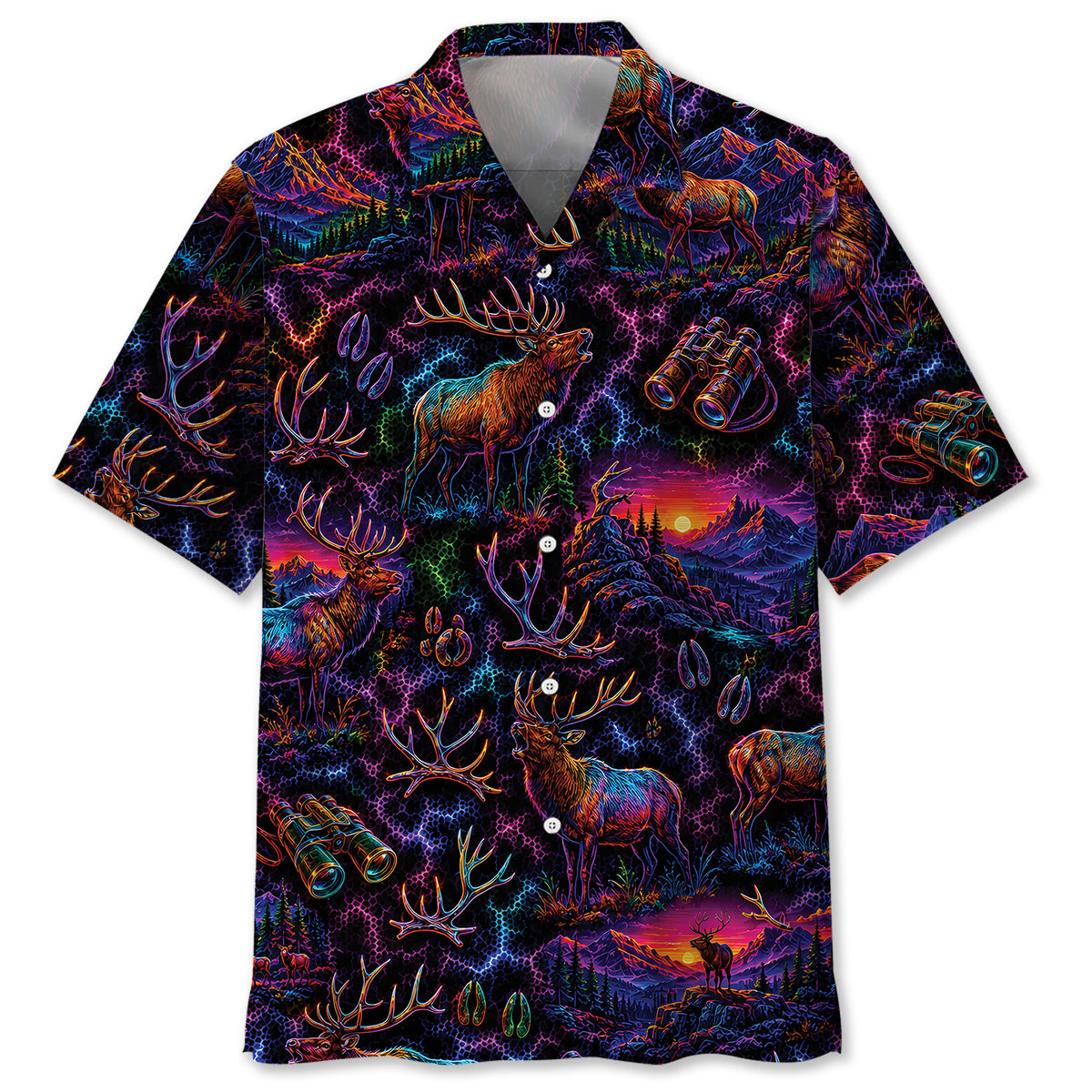 Midnight Elk Hunting Neon Hawaiian Shirt