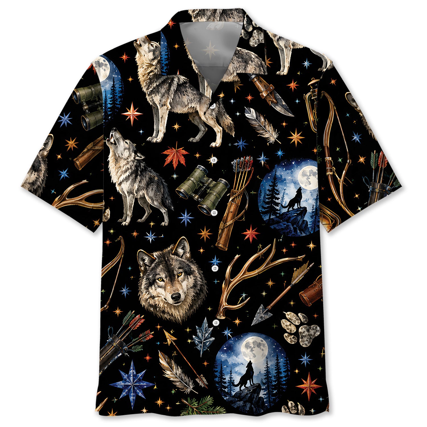 Wolf Hunting Retro Black Hawaiian Shirt