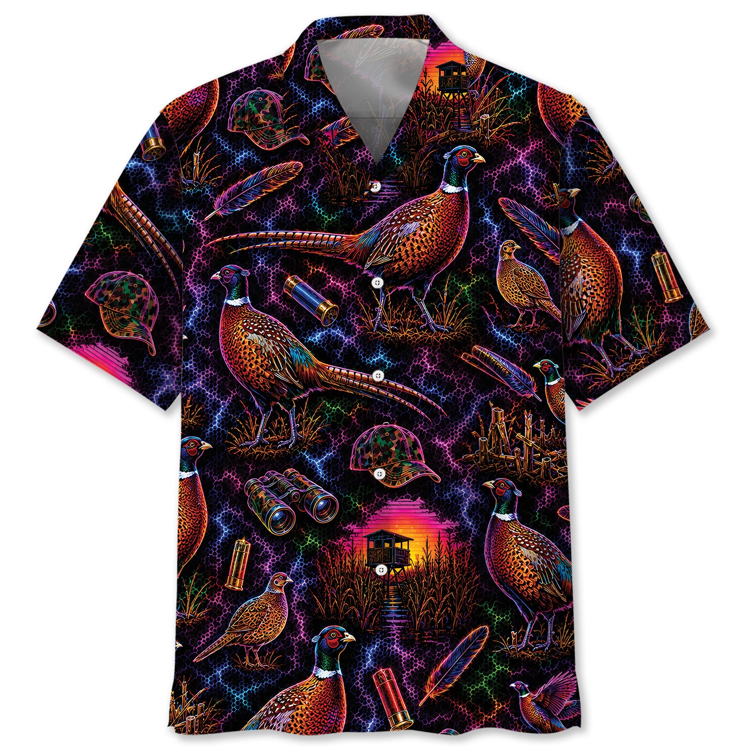 Midnight Wild Pheasant Hunting Neon Hawaiian Shirt