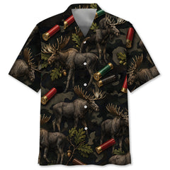 Vintage Moose Hunting Camouflage Black Hawaiian Shirt