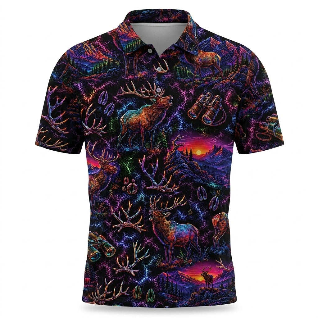 Midnight Elk Hunting Neon Men Polo Shirt