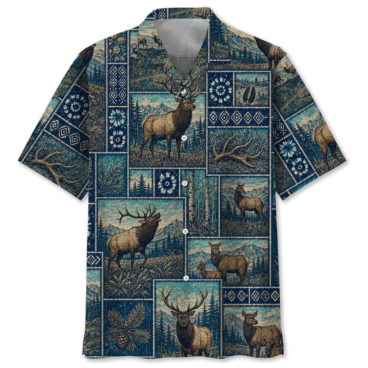 Vintage Blue Elk Hunting Hawaiian Shirt