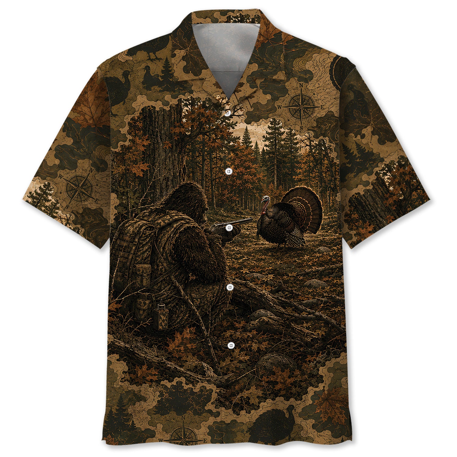 Bigfoot Wild Turkey Hunting Camouflage Funny Hawaiian Shirt