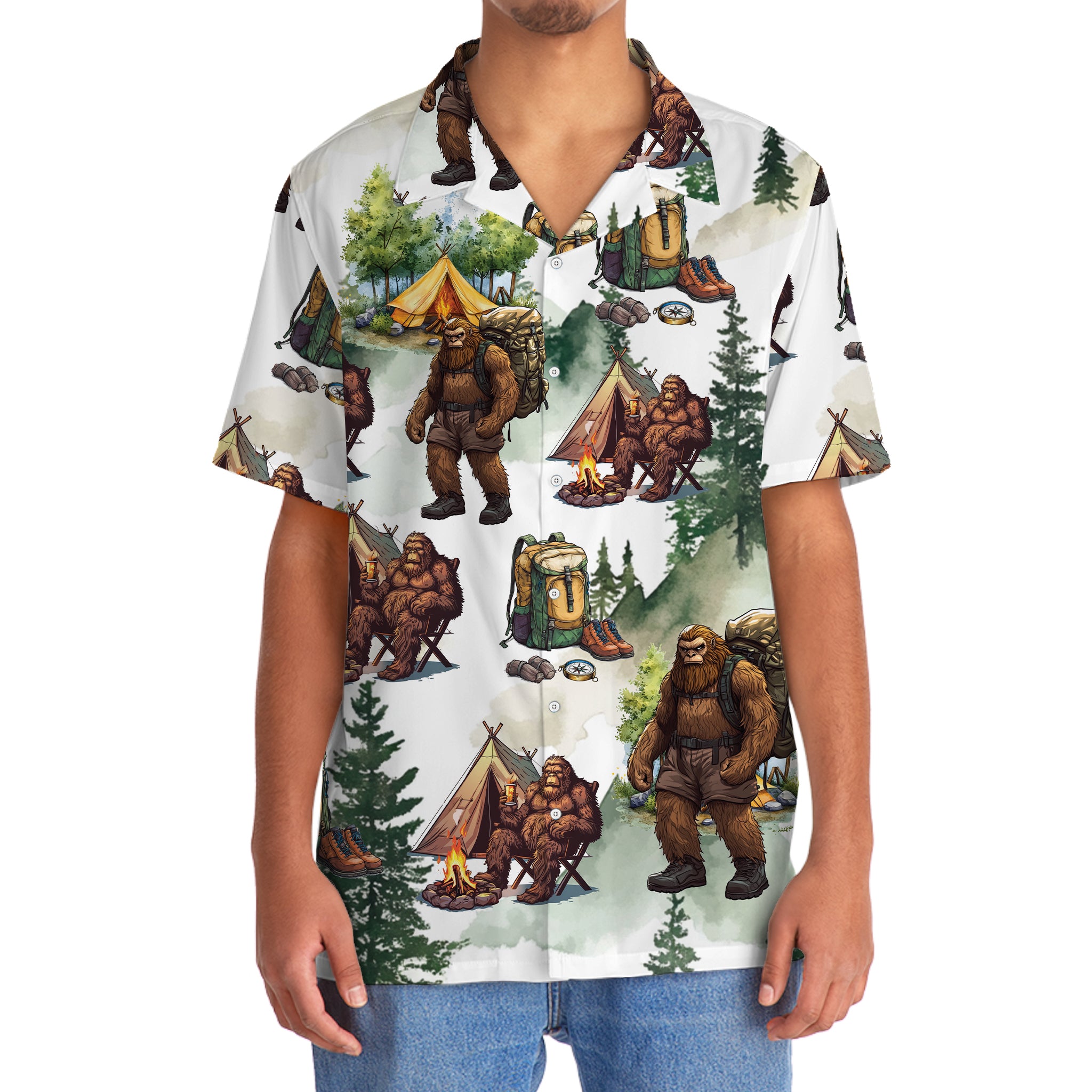 Camping Bigfoot Mountain Tree Hawaiian Shirt