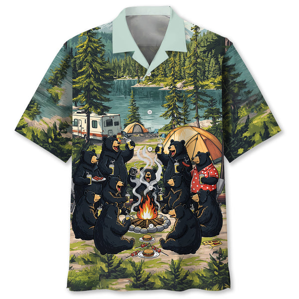 Friends, Fires, Fun Camping Crew Black Bear Hawaiian Shirt