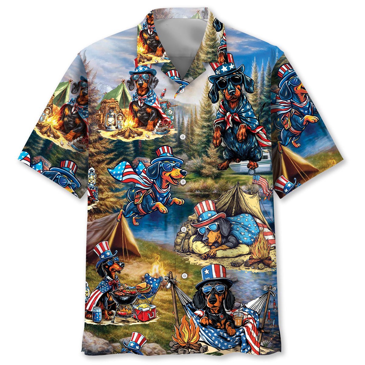 America Funny Dachshund Camping Hawaiian Shirt