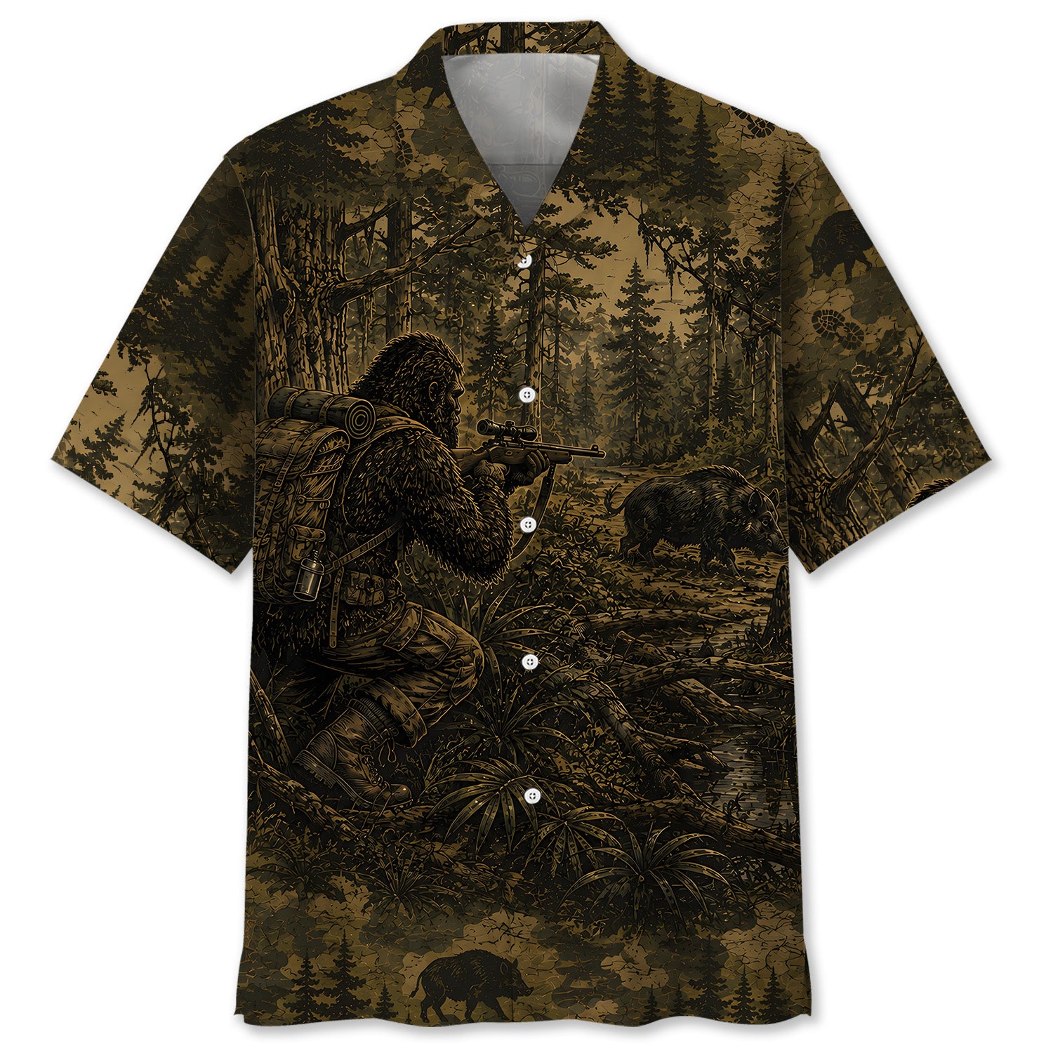Bigfoot Hog Hunting Camouflage Funny Hawaiian Shirt