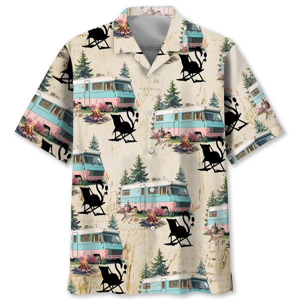 Retro Camper and Campfire Drinking Hawaiian Shirt