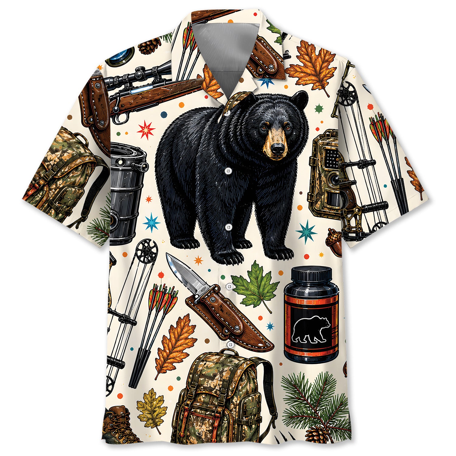 Black Bear Hunting Vintage Art Colorful Hawaiian Shirt