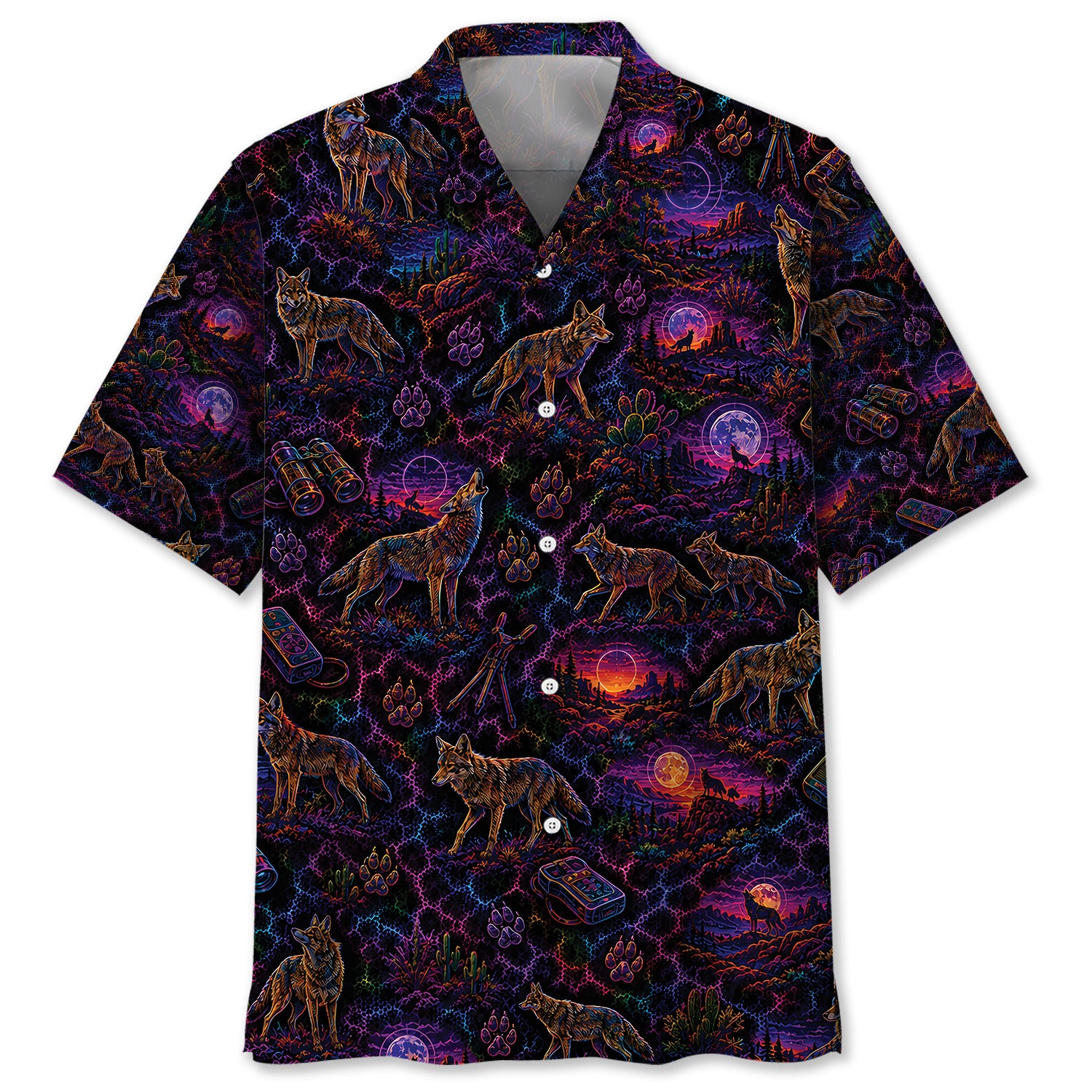 Midnight Coyote Neon Hawaiian Shirt