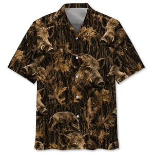 Vintage Feral Pig Art Camo Hawaiian Shirt