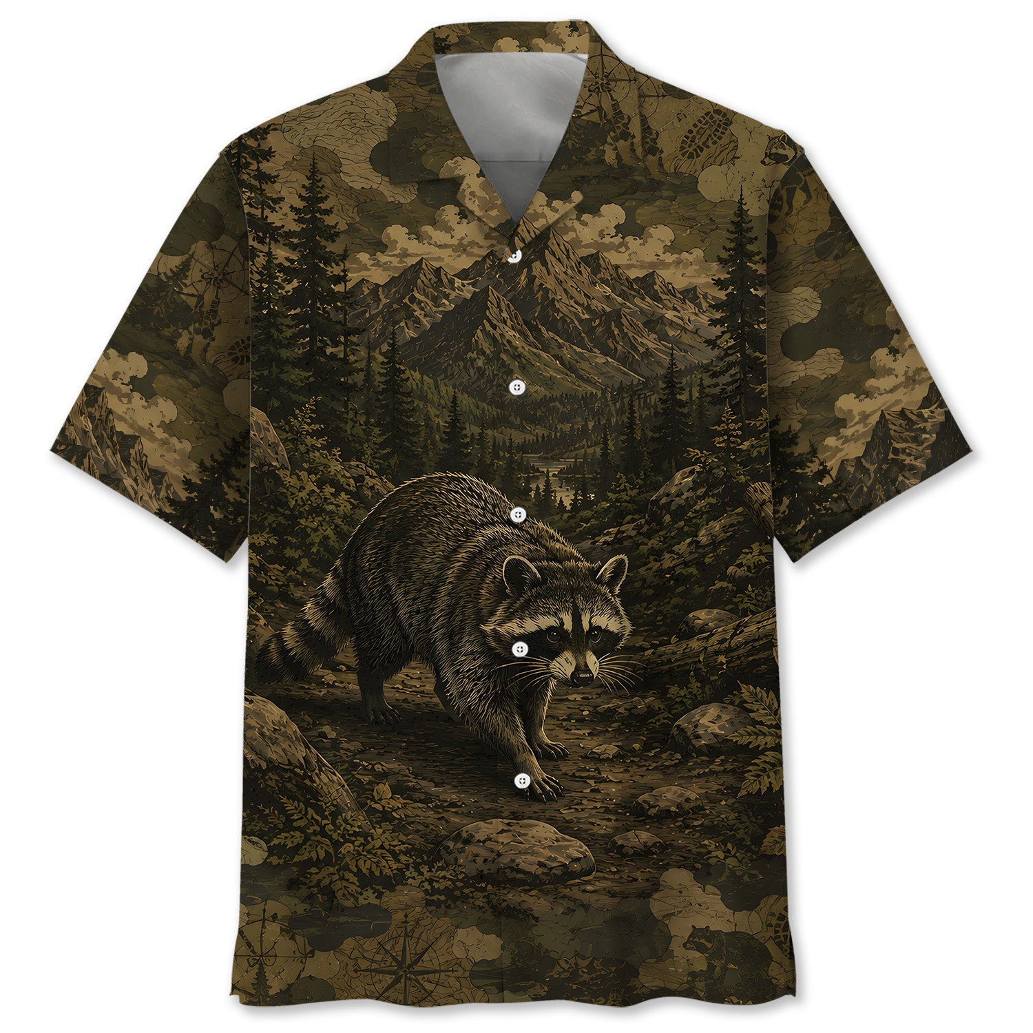 Raccoon Forest Camouflage Dark Hawaiian Shirt