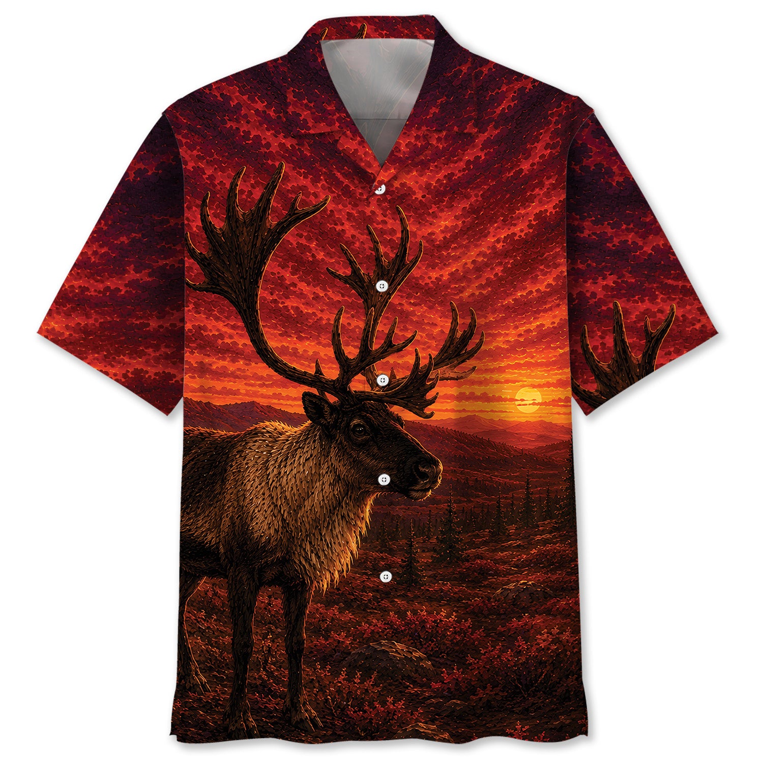 Caribou Hunting Burnt Sky Hawaiian Shirt