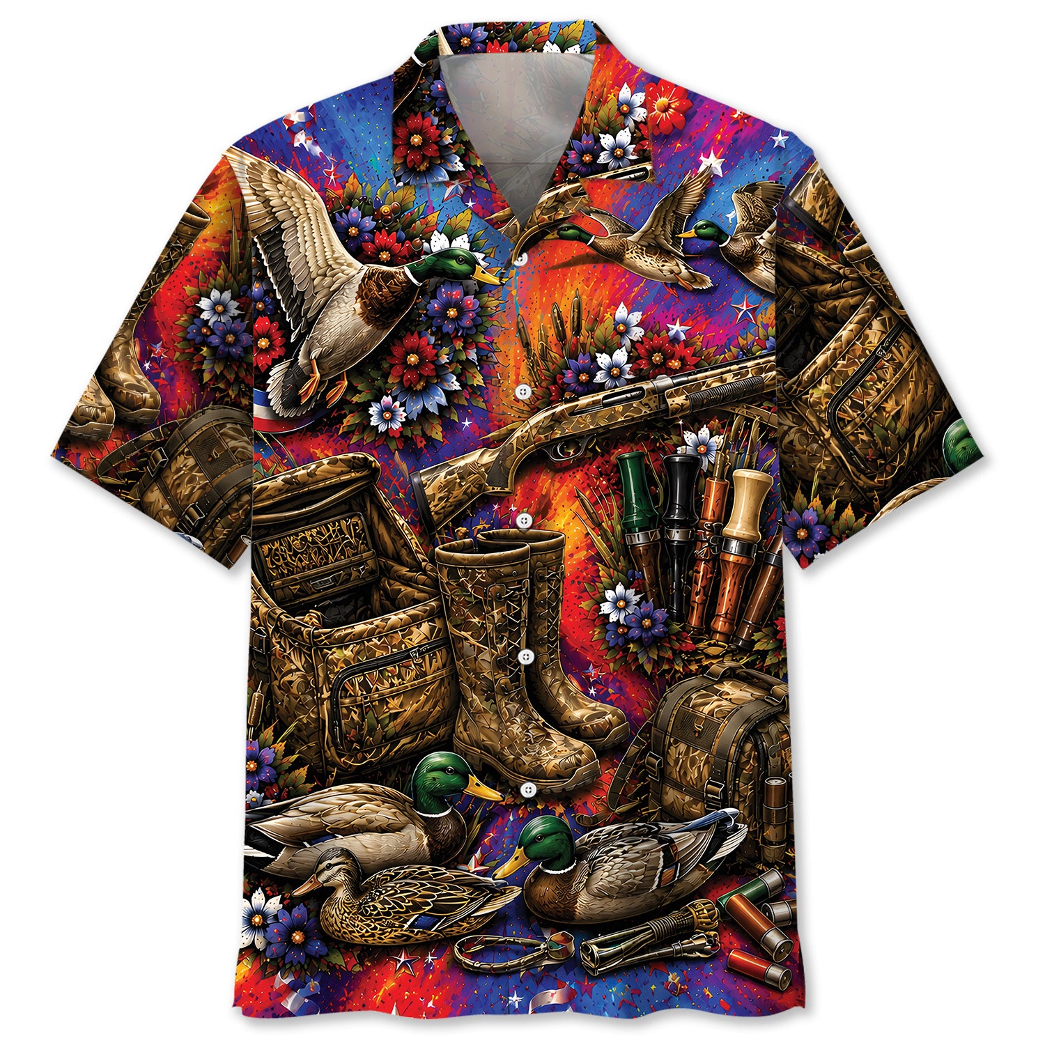 Colorful Duck Hunting Vintage Art Hawaiian Shirt