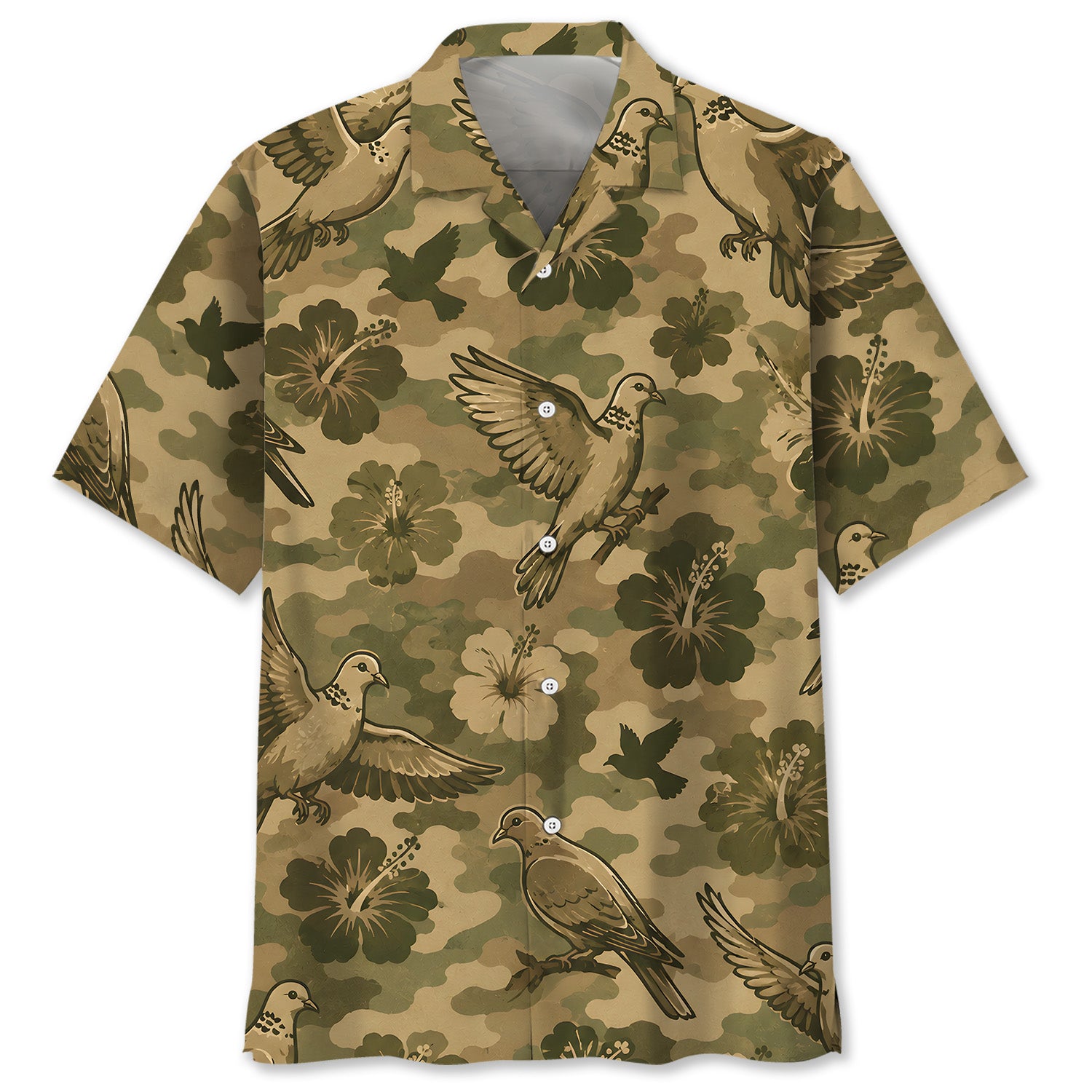 Camouflage Hibiscus Dove Bird Hawaiian Shirt