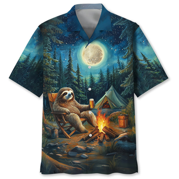 Vintage Art Sloth Camping Drinking Night Hawaiian Shirt