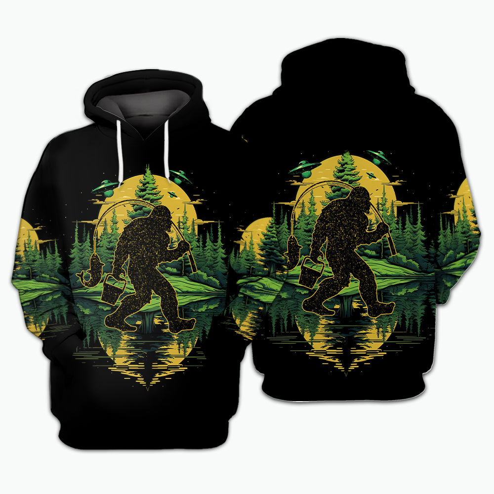 Bigfoot Fishing Green Alien Forest All Over Print Shirt