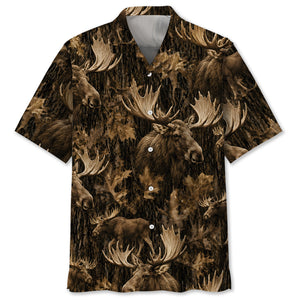Vintage Moose Art Camo Hawaiian Shirt
