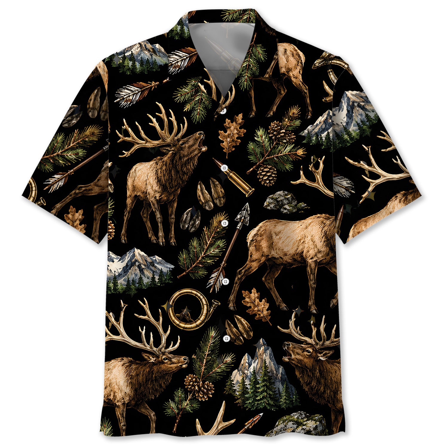 Elk Hunting Retro Black Hawaiian Shirt