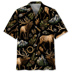 Elk Hunting Retro Black Hawaiian Shirt