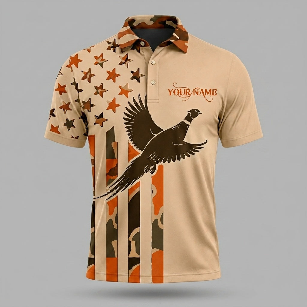 Custom Name Upland Pheasant Hunting Camouflage Style Men Polo Shirt