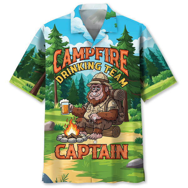 Custom Name Bigfoot Campfire Drinking Team Captain Hawaiian Shirt