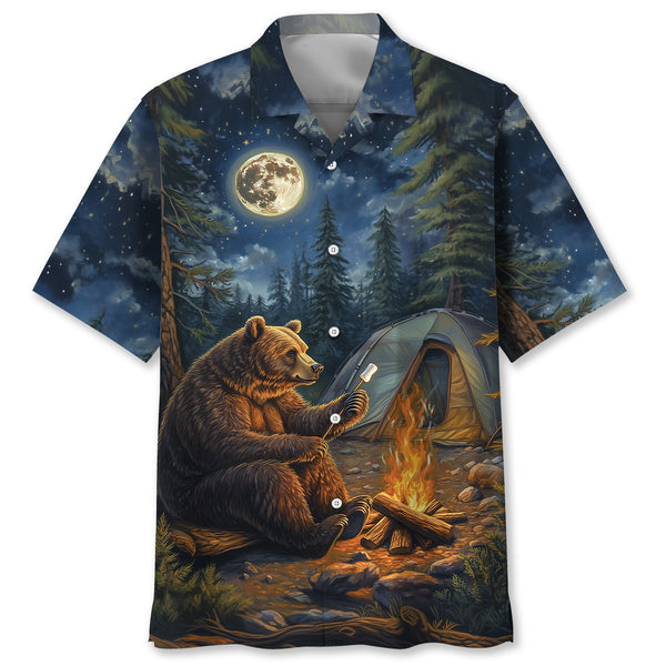 Grizzly Bear Sitting By The Campfire Hawaiian Shirt