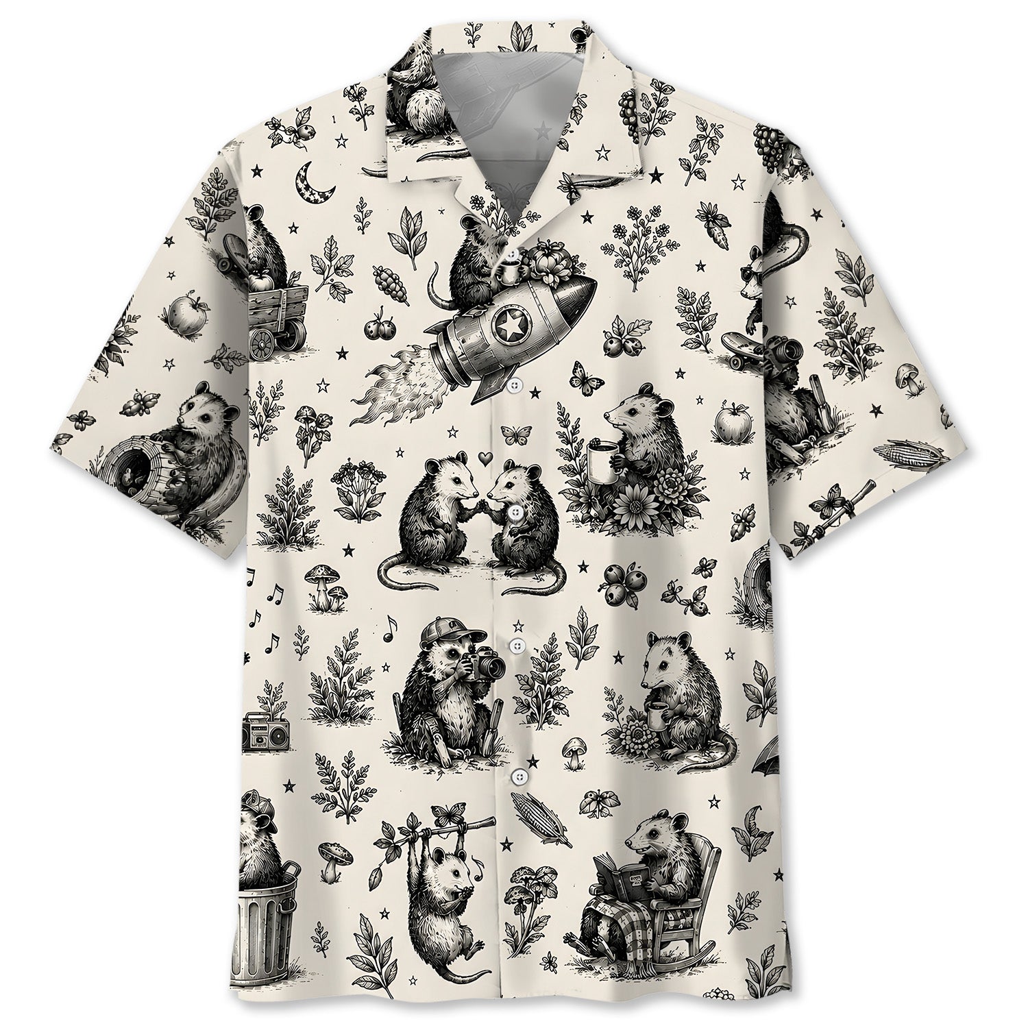 Vintage Woodcut Opossum Activities Hawaiian Shirt