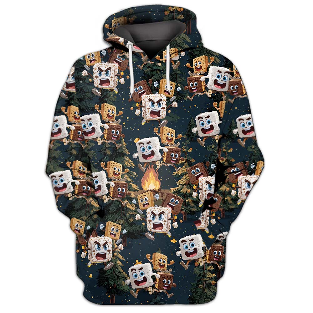 Chocolate and Cracker Chasing Marshmallow Camping All Over Print Shirt