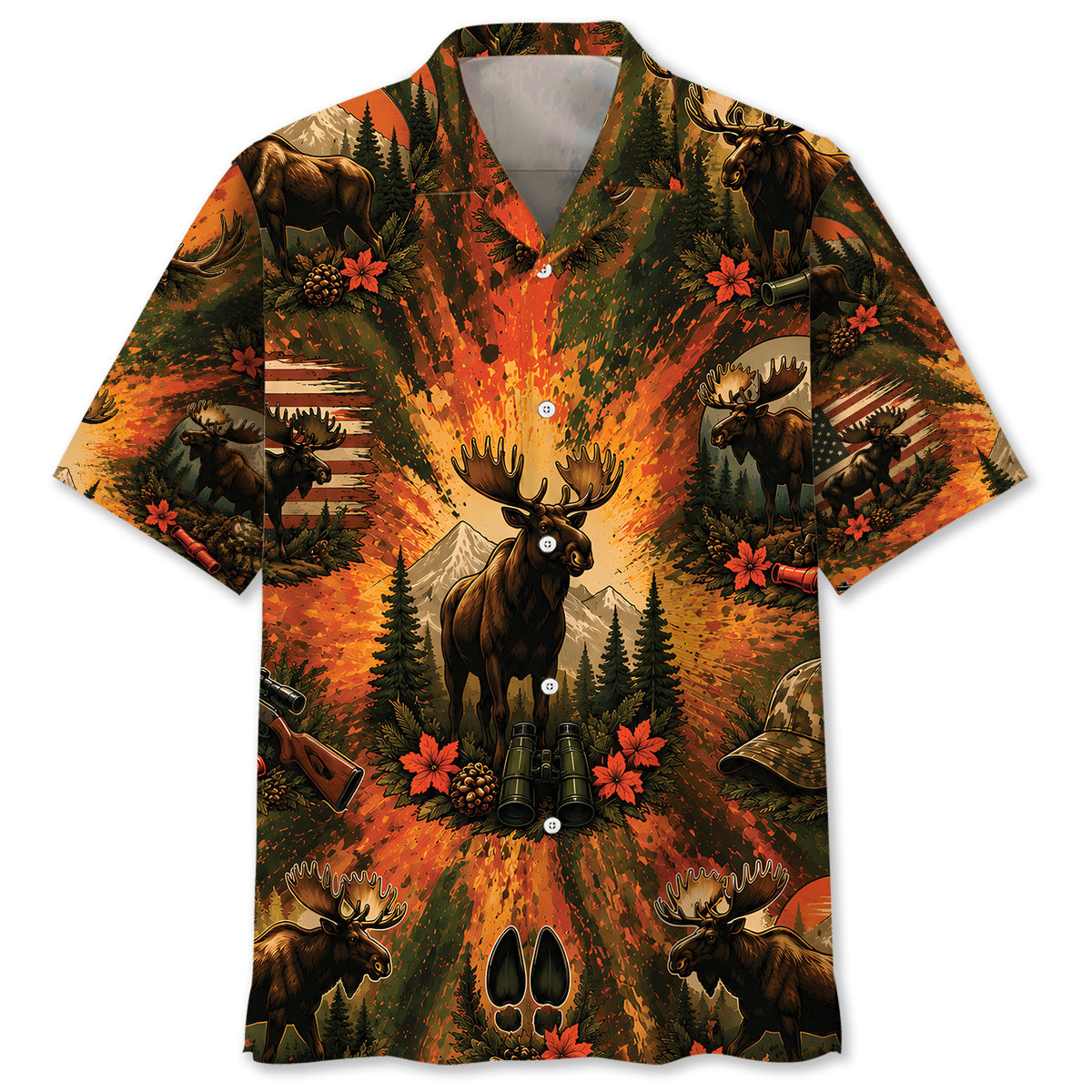 Colorful Moose Hunting Vintage Art Hawaiian Shirt