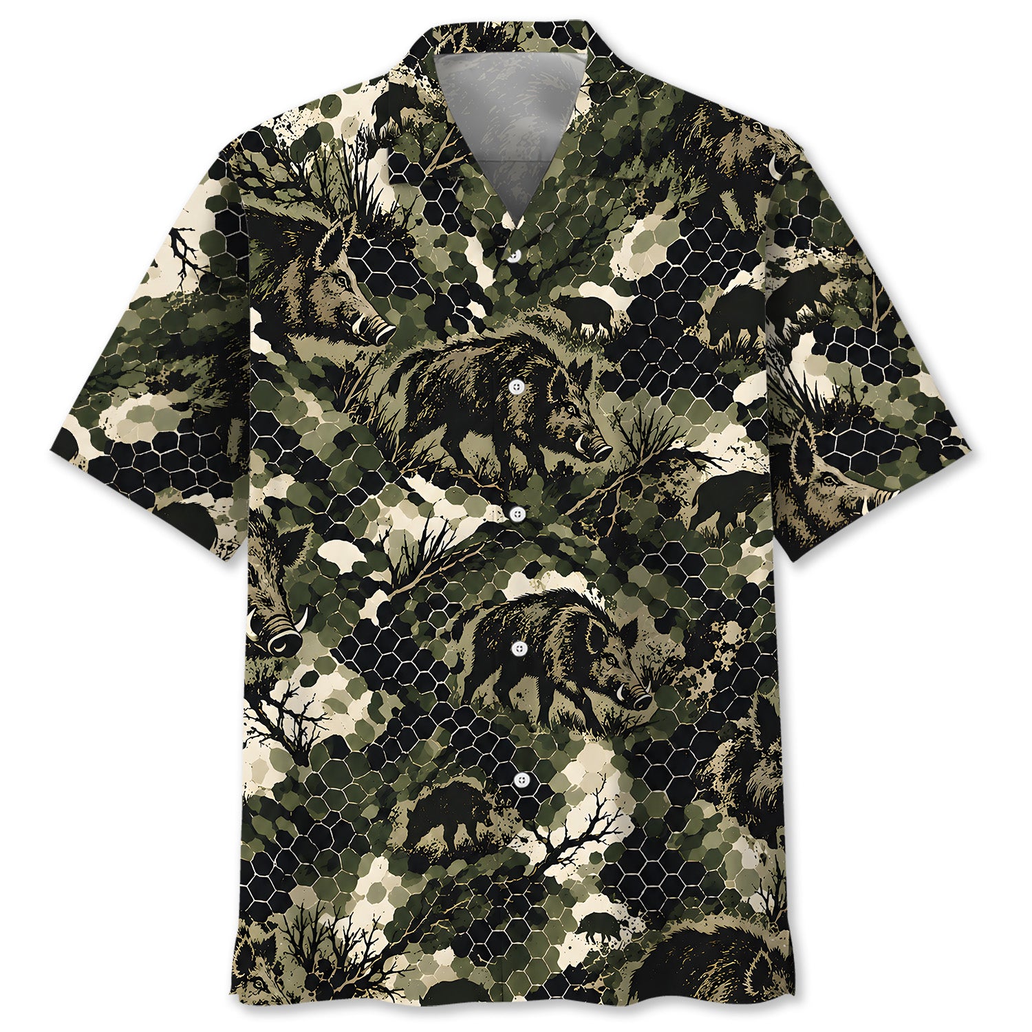 Tactical Hexagonal Wild Hog Hunting Camo Hawaiian Shirt