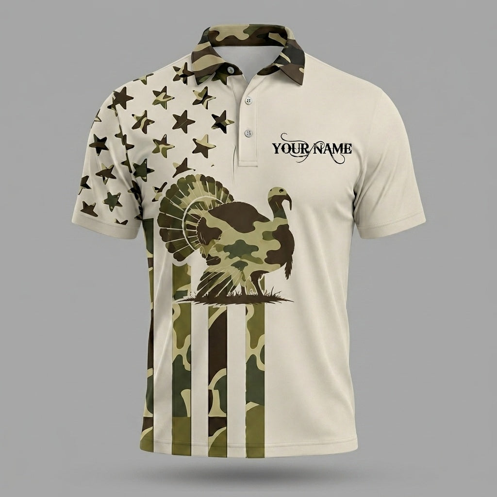 Custom Name Wild Turkey Hunting Camouflage Style Men Polo Shirt
