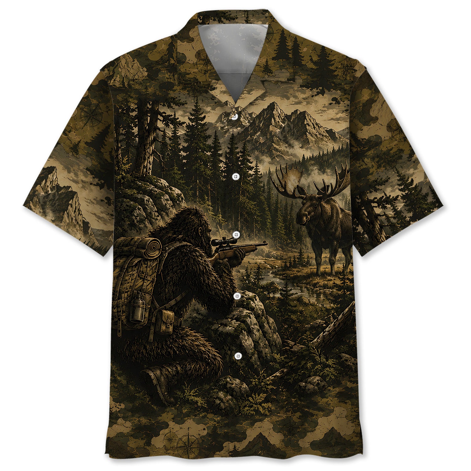 Bigfoot Moose Hunting Camouflage Funny Hawaiian Shirt