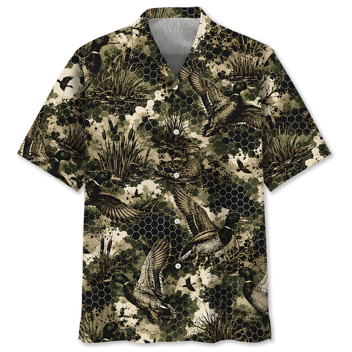 Tactical Hexagonal Duck Hunting Camo Hawaiian Shirt