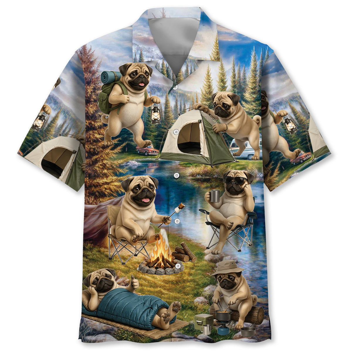 Pug Dog Funny Camping Hawaiian Shirt