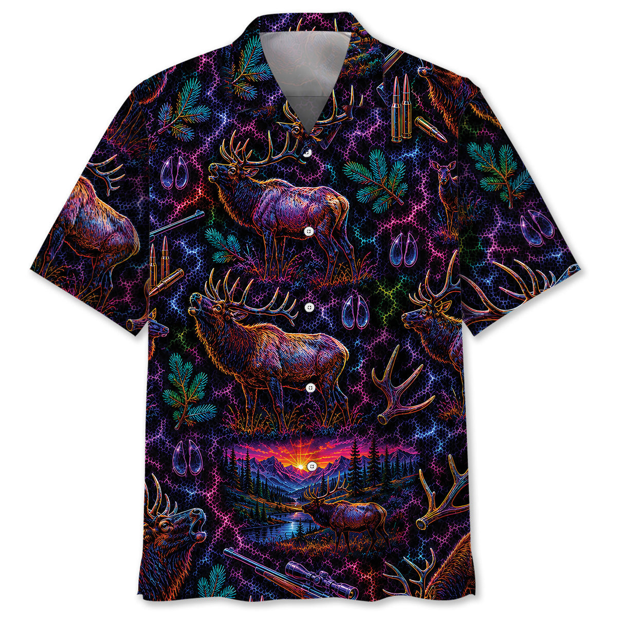 Midnight Elk Hunting Neon Hawaiian Shirt