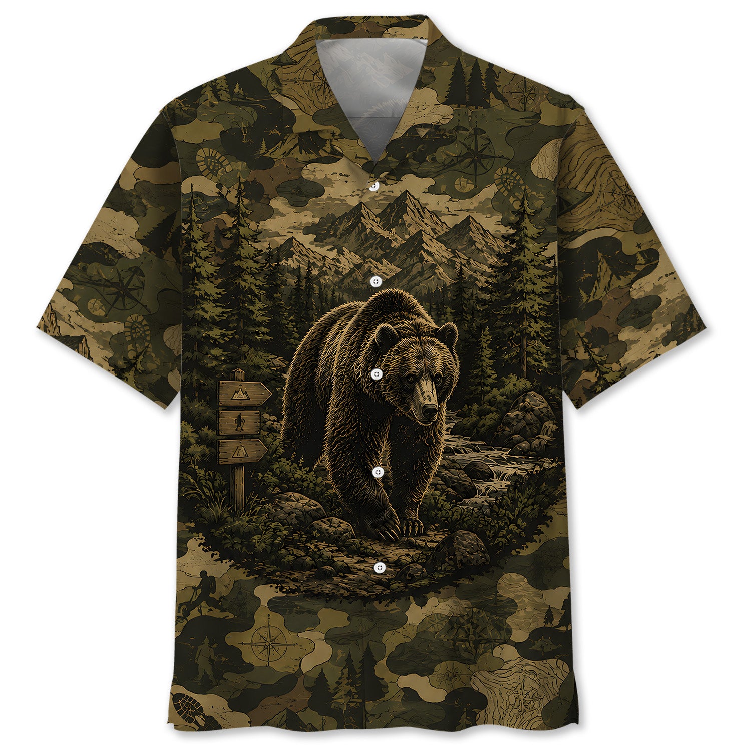 Grizzly Bear Forest Camouflage Dark Hawaiian Shirt