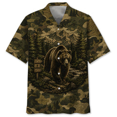 Grizzly Bear Forest Camouflage Dark Hawaiian Shirt