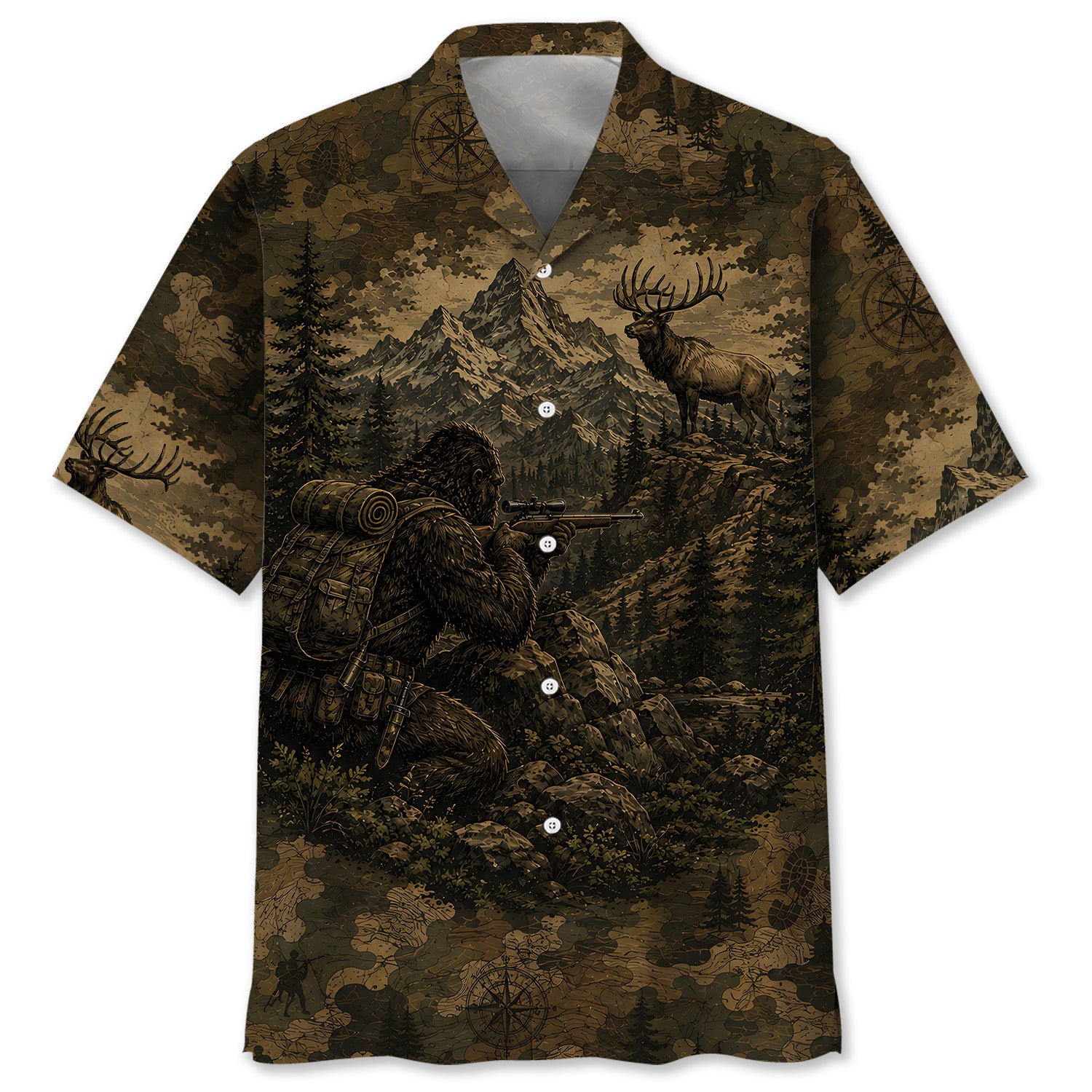 Bigfoot Elk Hunting Camouflage Funny Hawaiian Shirt