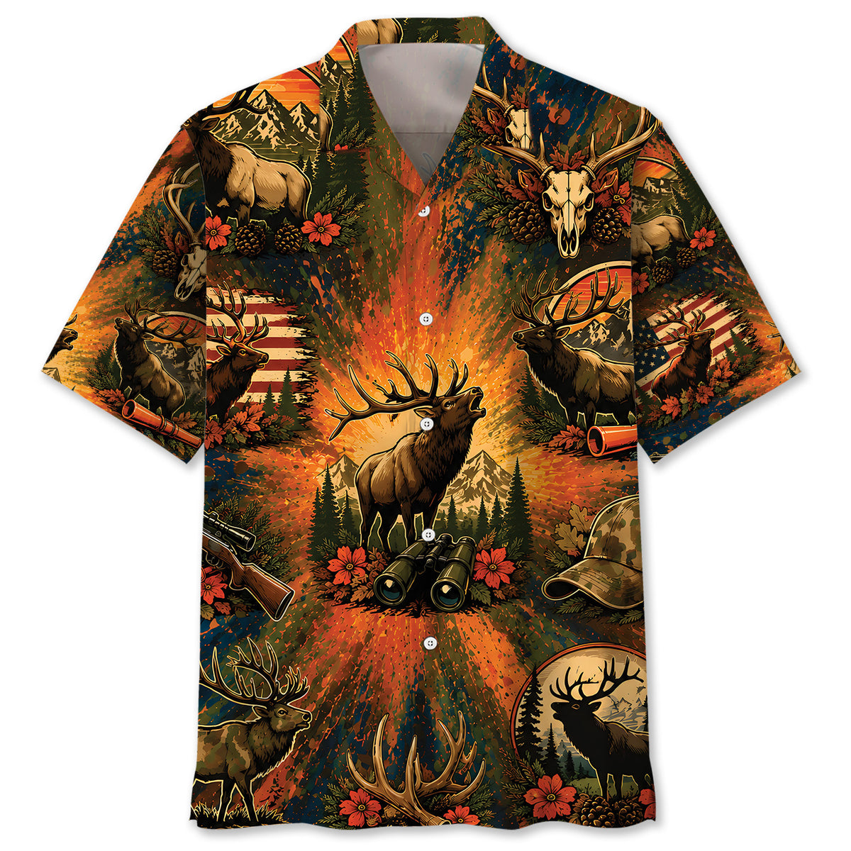 Colorful Elk Hunting Vintage Art Hawaiian Shirt