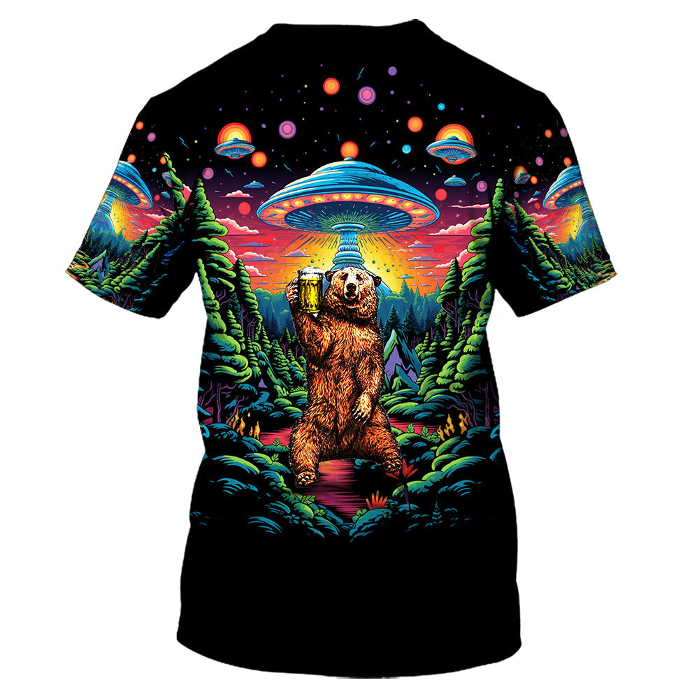 Bear Alien Night Drinking All Over Print Shirt