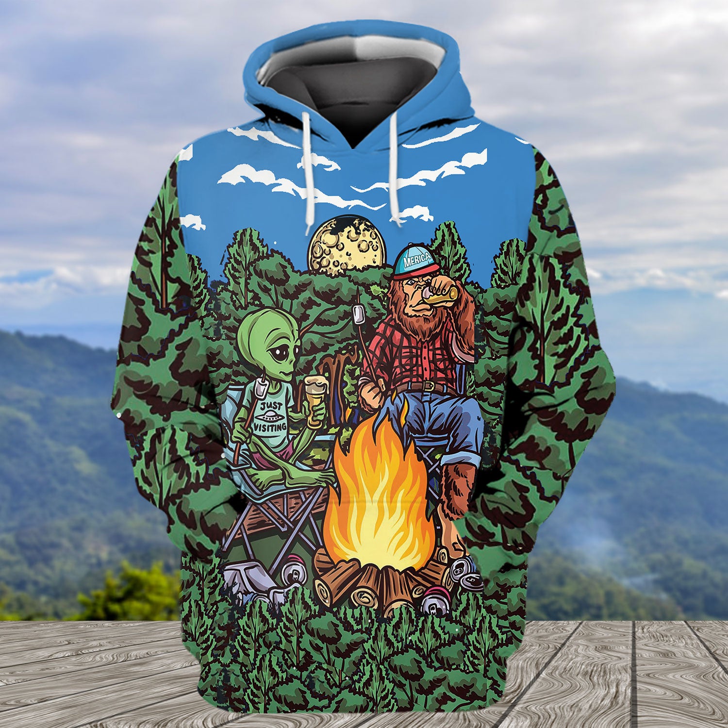Alien Bigfoot Camping All Over Print Shirt
