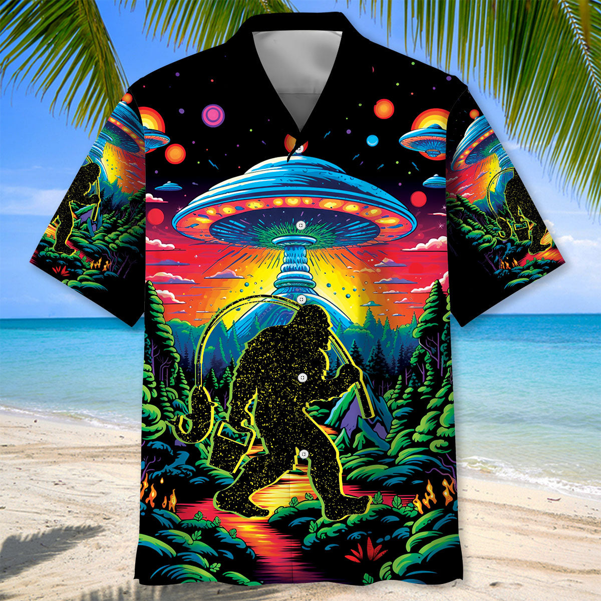 Bigfoot Fishing Forest Hawaiian Shirt