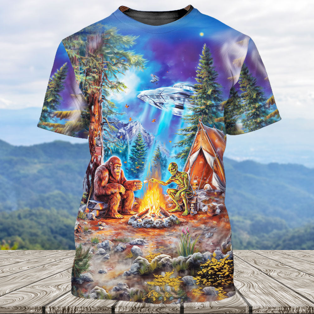 Bigfoot Alien Camping Night All Over Print Shirt